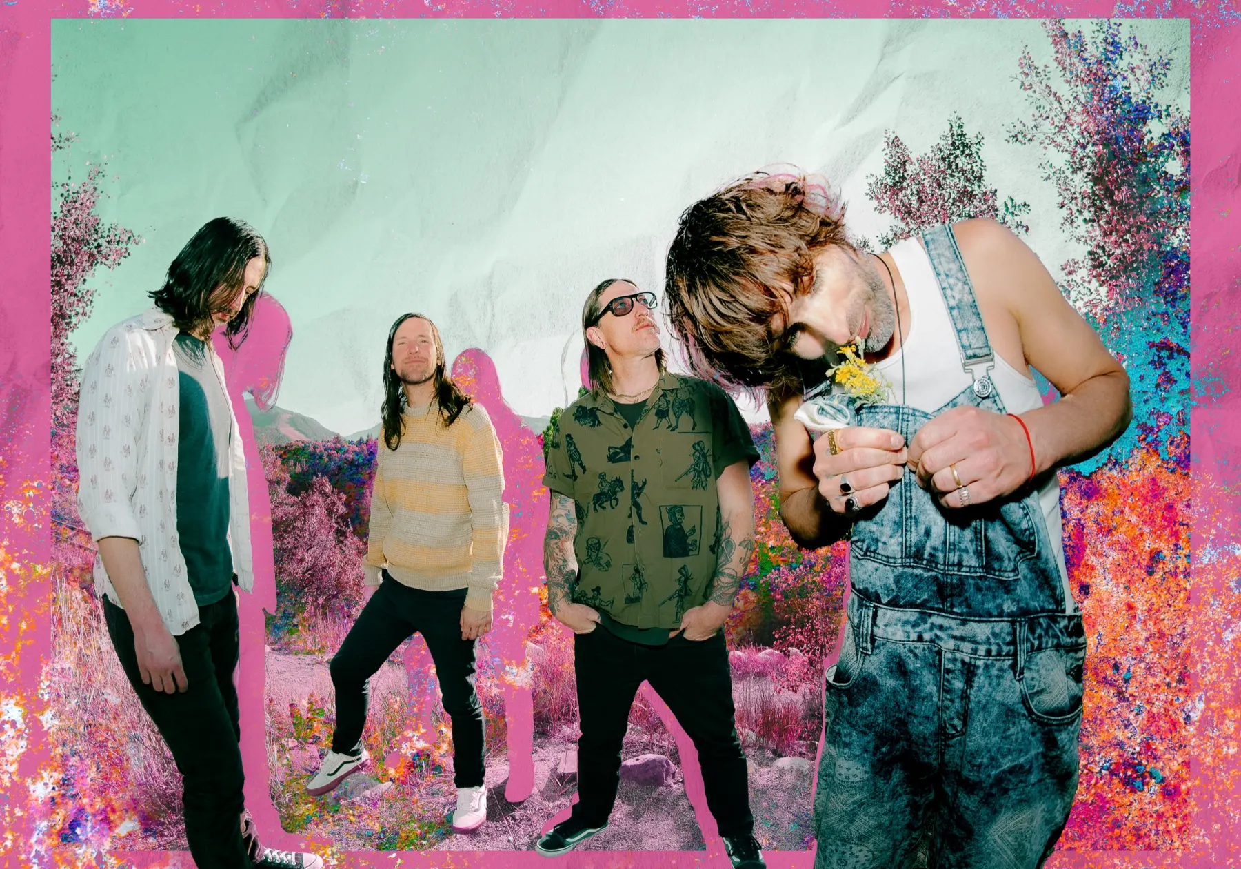 The All-American Rejects in a field of pink flowers, Tyson Ritter in overalls